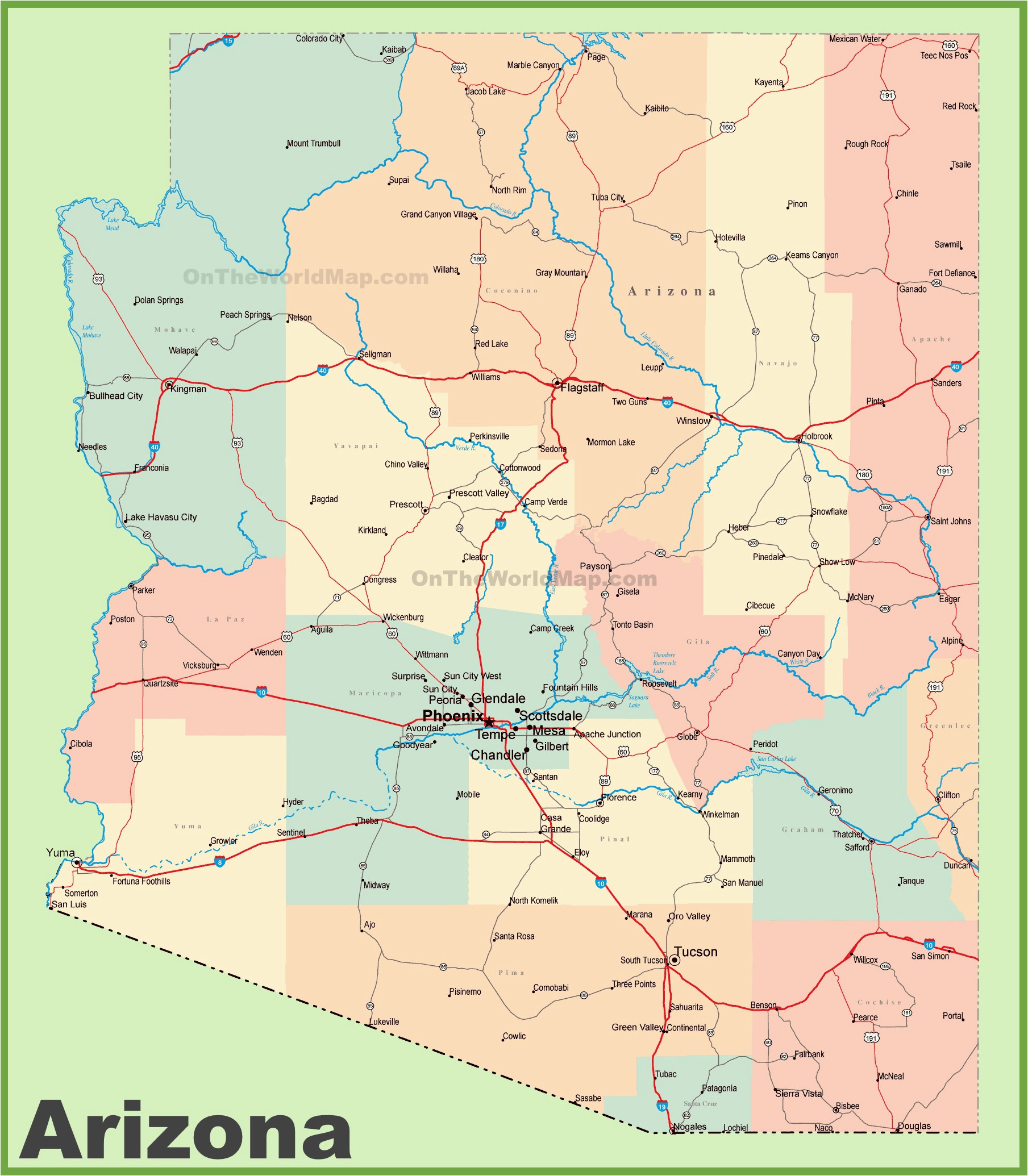 A Map Of Arizona Cities Arizona Road Map with Cities and towns