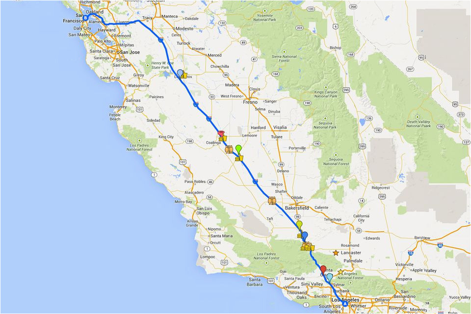 California Road System Maps Driving From La to San Francisco On I 5 Highway