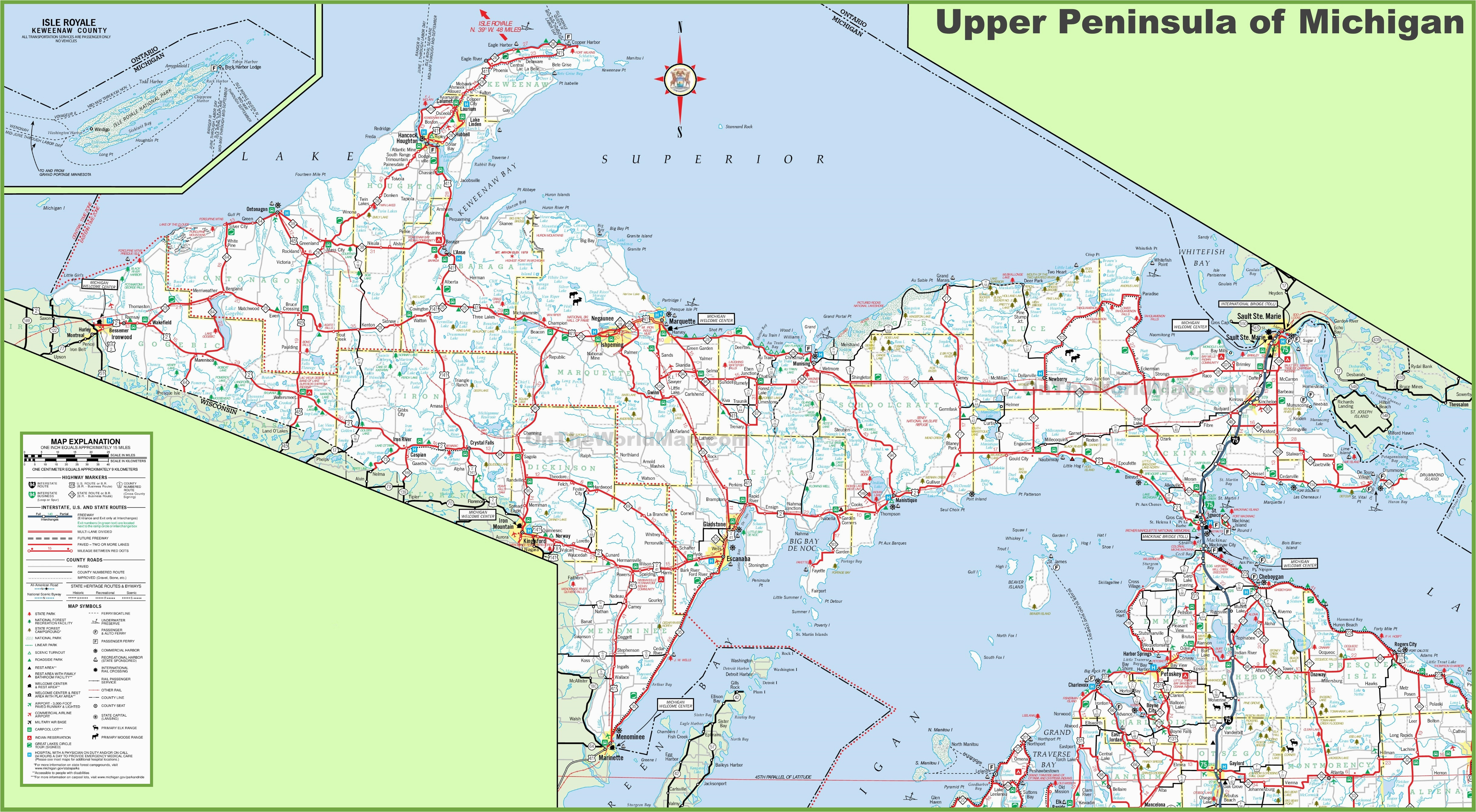 County Map Of Michigan with Roads Map Of Upper Peninsula Of Michigan