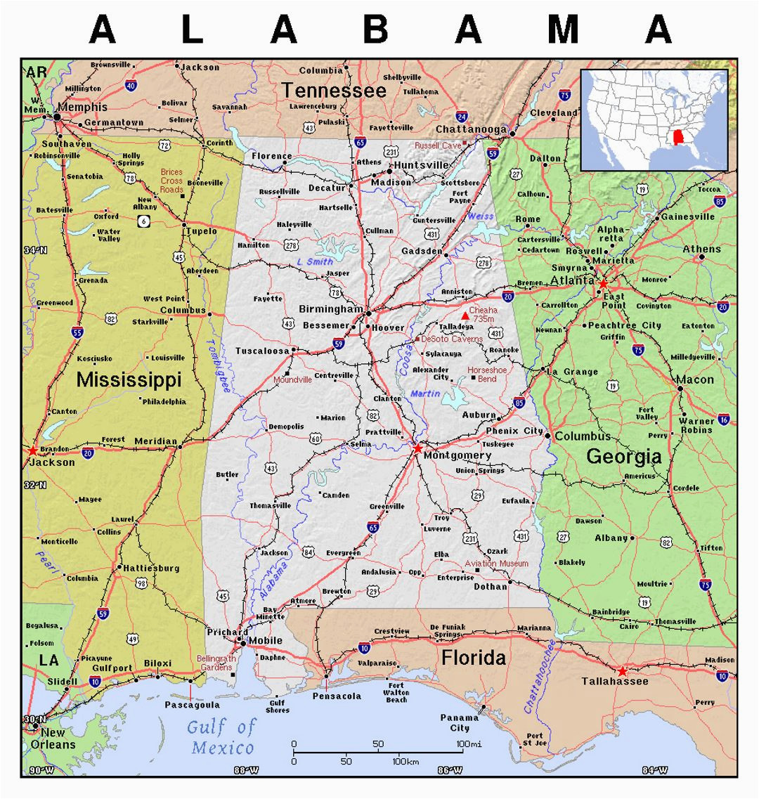 Detailed Map Of Alabama Detailed Map Of Alabama State with Relief Alabama State Usa