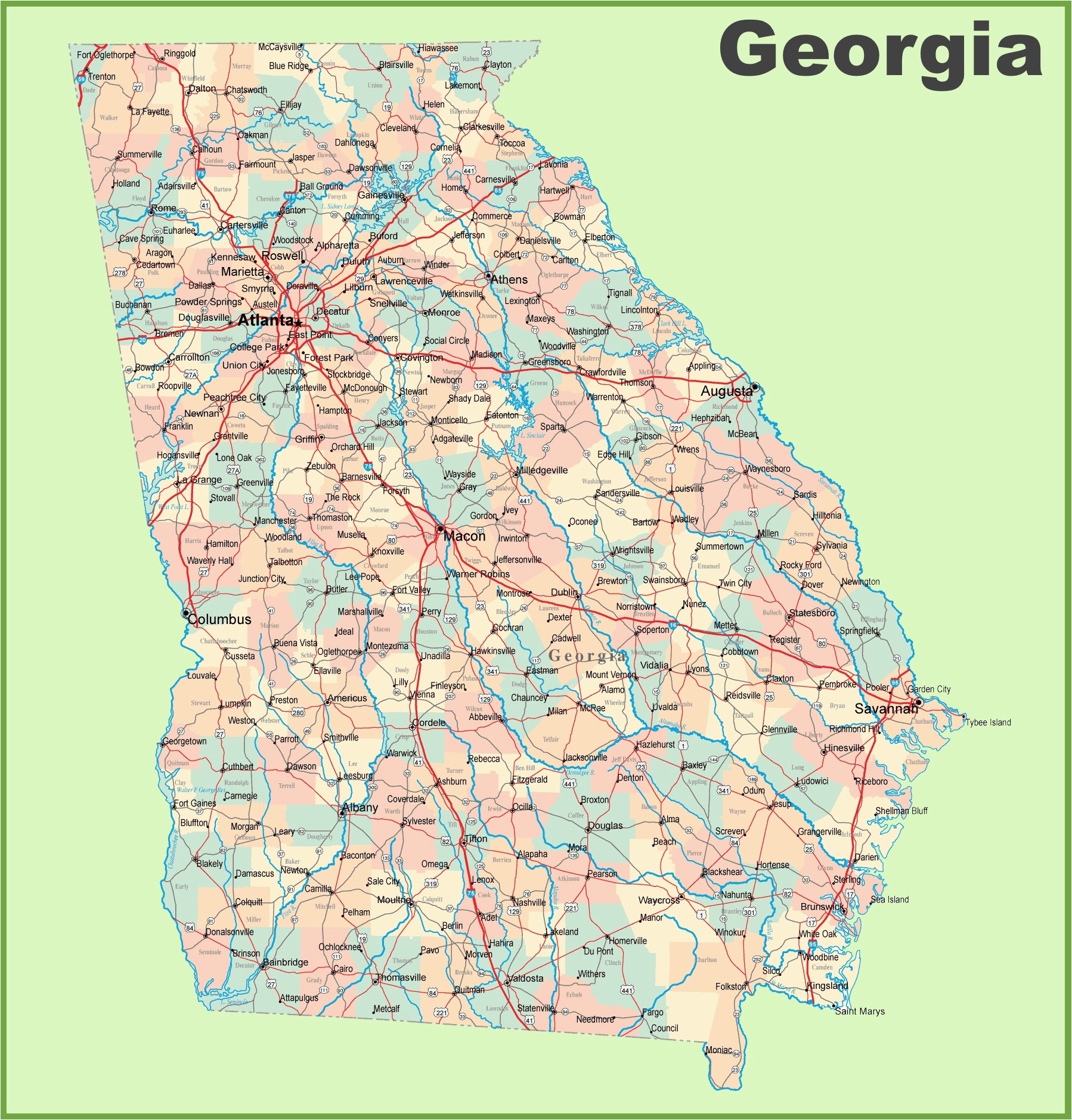 Georgia Map with Cities and Counties Georgia Road Map with Cities and towns