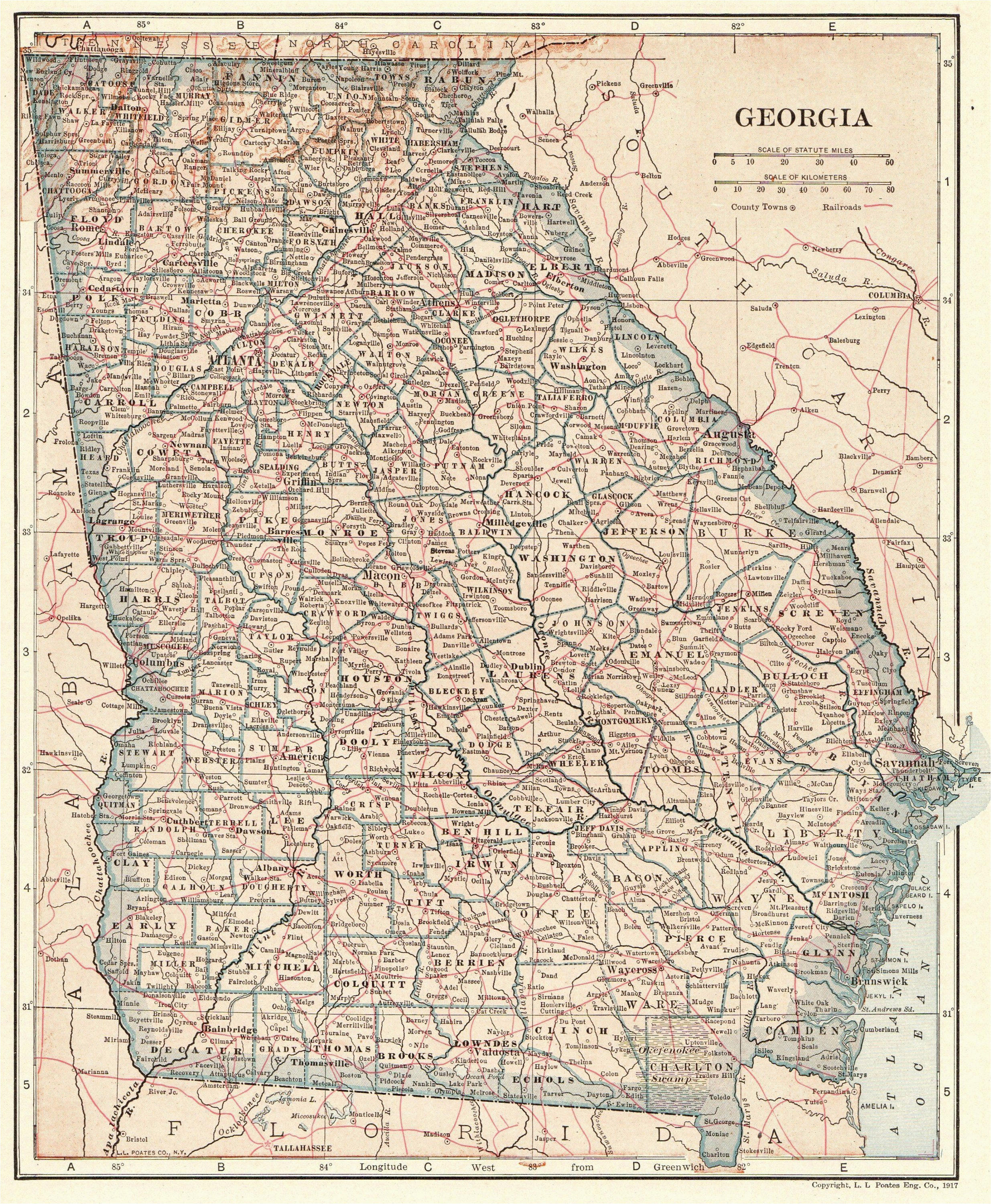 Georgia Railway Map 1919 Antique Georgia State Map Vintage Map Of Georgia Gallery Wall