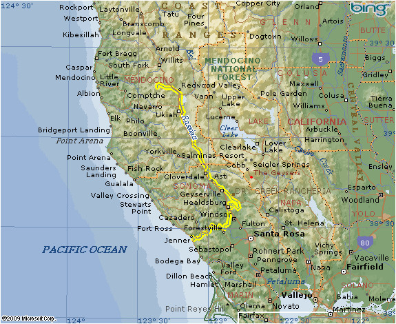Kenwood California Map the Russian River Flows Through Mendocino and Marin Counties In