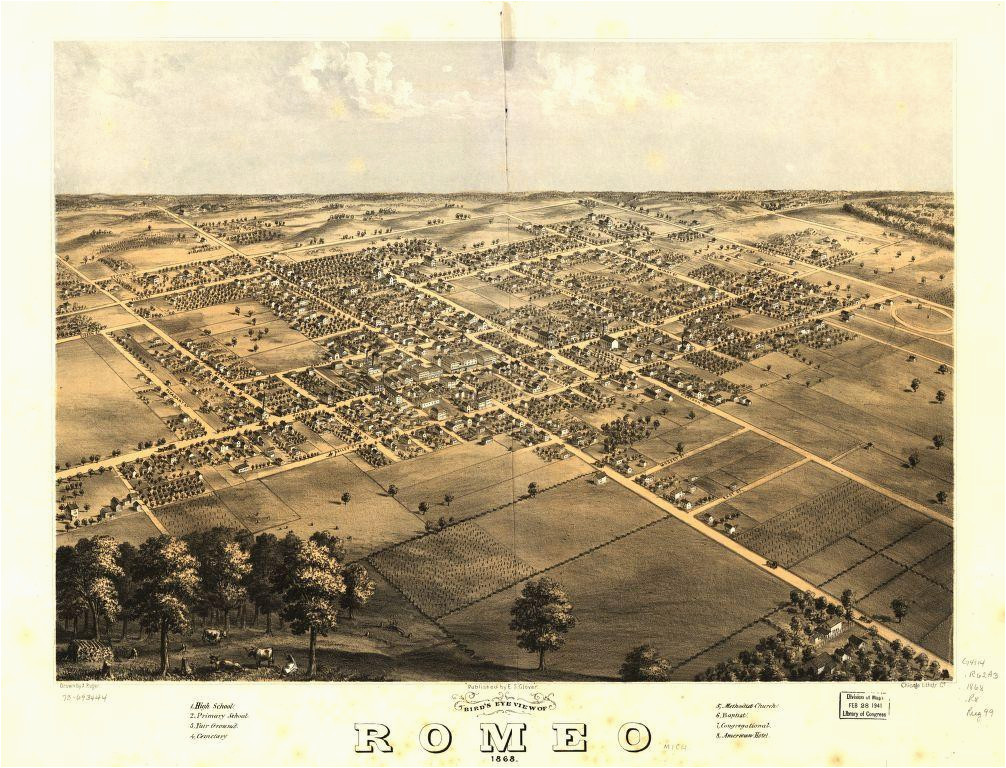 Map Of Romeo Michigan 8 X 12 Reproduced Photo Of Vintage Old Perspective Birds Eye View