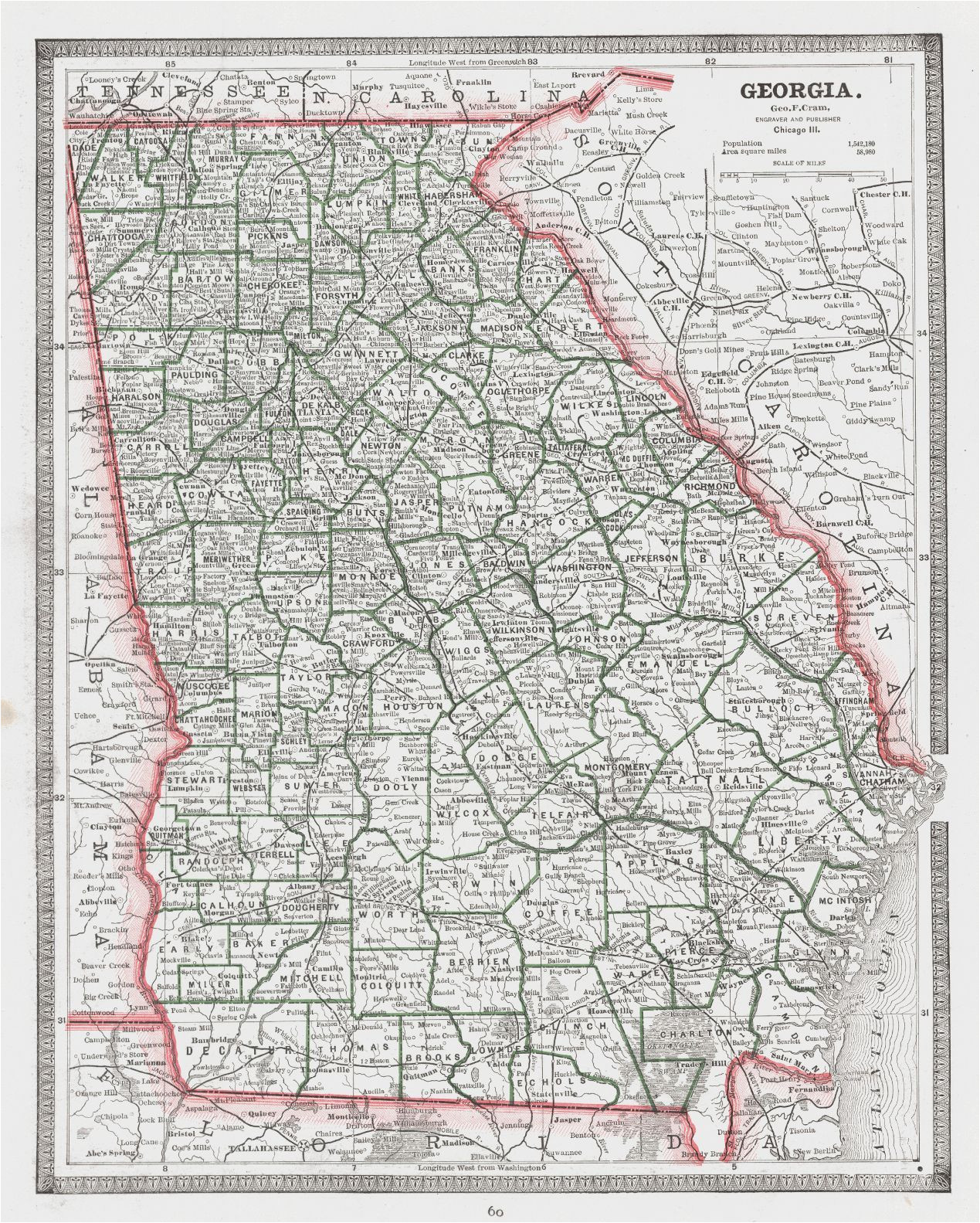 Map Of towns In Georgia Map Antique Georgia 1887 George F Cram Detailed Map Showing