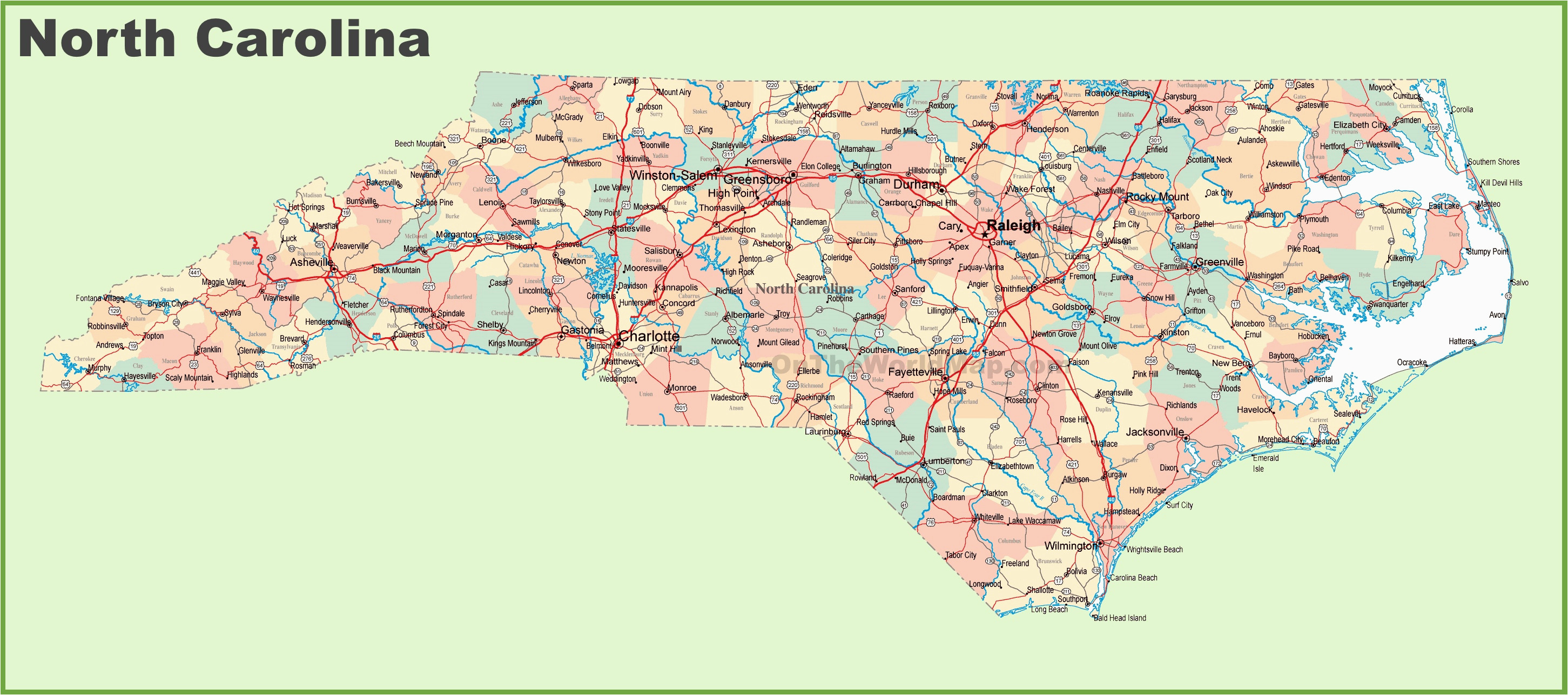 North Carolina City and County Map Road Map Of north Carolina with Cities