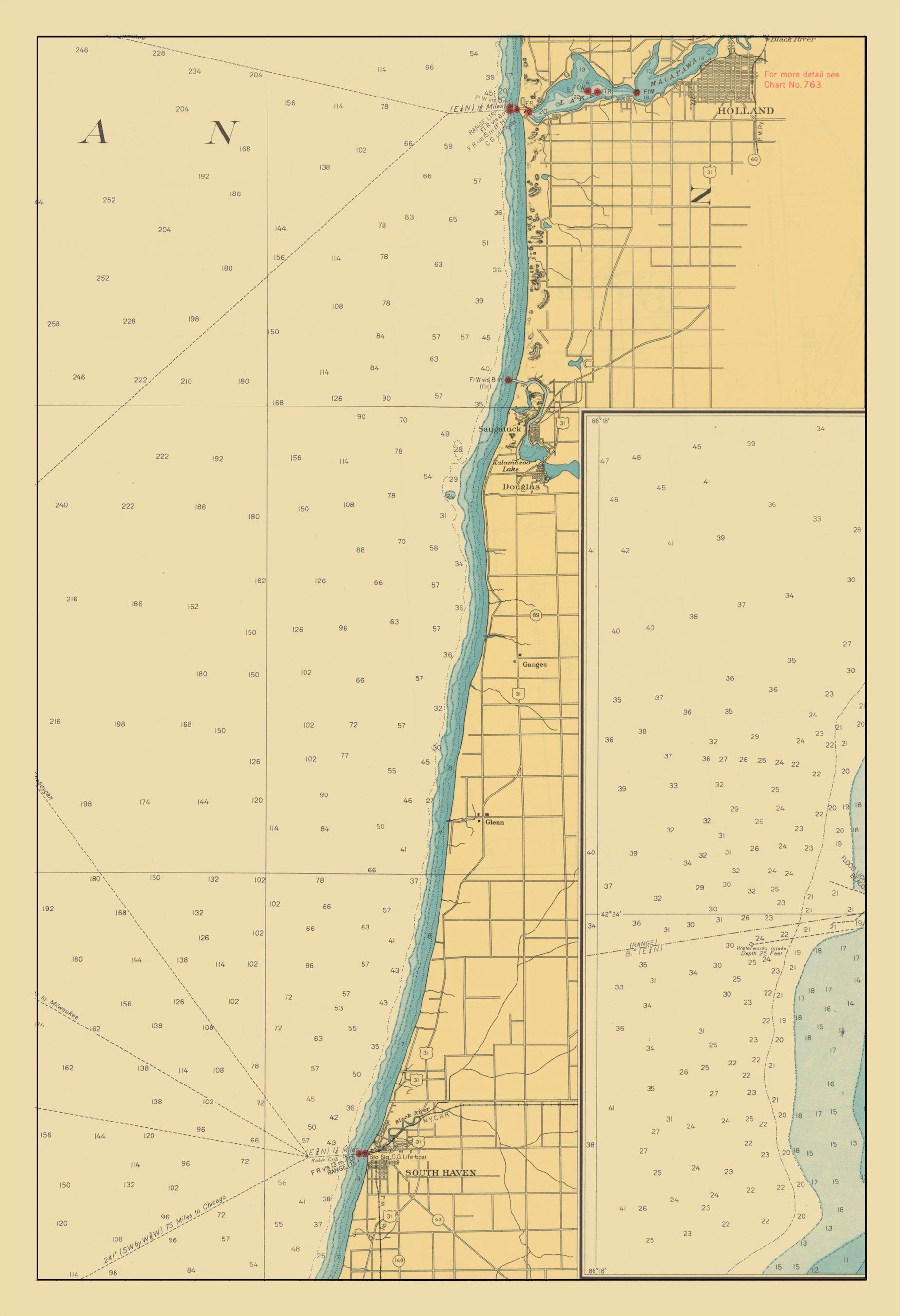 Where is Lake Michigan On A Map Lake Michigan Map Lake Macatawa to south Haven 1947 Love