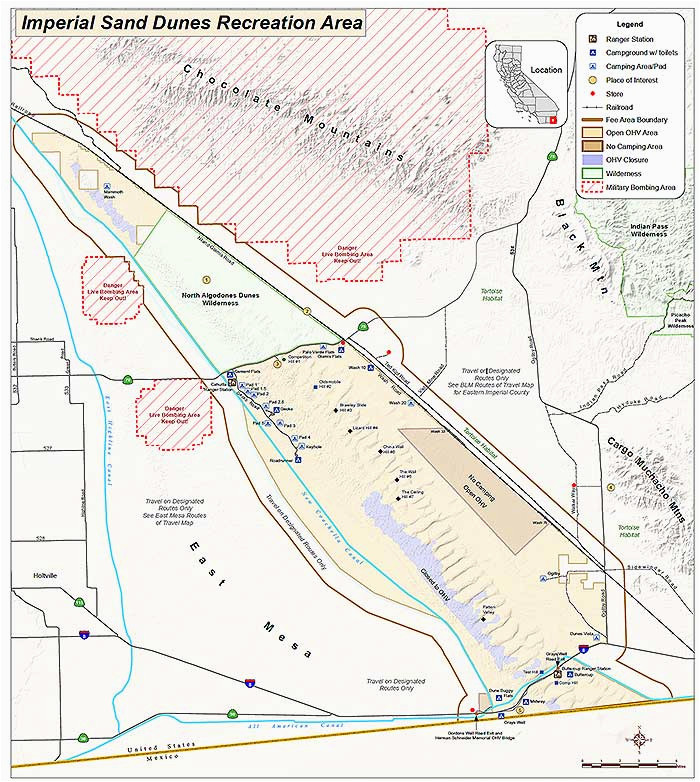 Imperial Valley California Map Imperial Sand Dunes Recreational areas Mammoth Wash Glamis Dunes