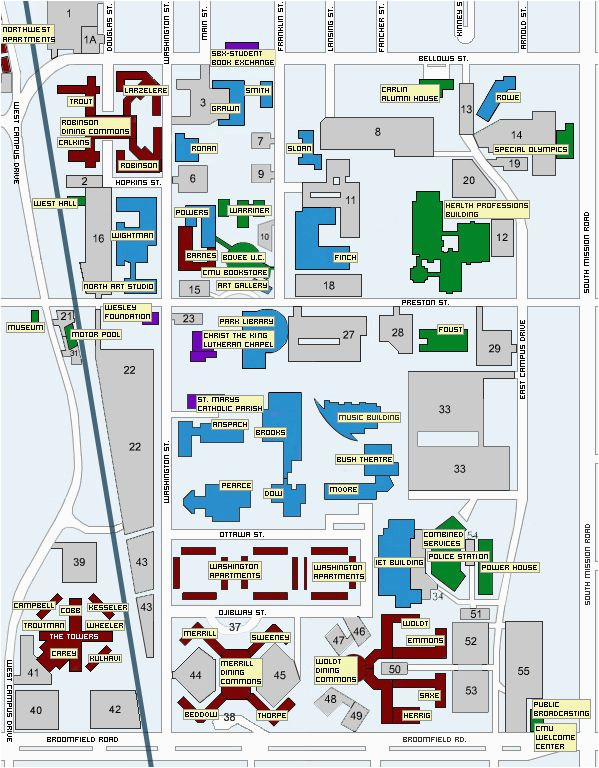 University Of Michigan Ann Arbor Campus Map Central Michigan University Map Mount Pleasant Mich Mappery