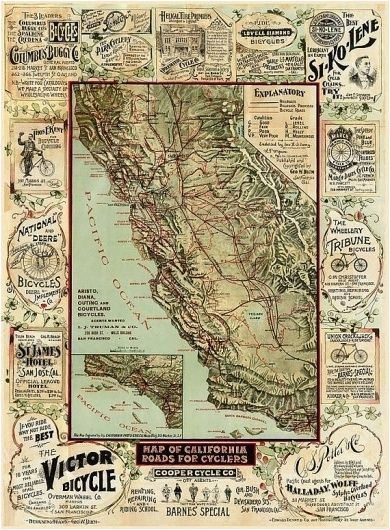 California Product Map Vintage Map Of California Roads for Cyclers by Ancientshades Full