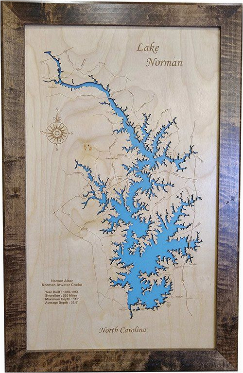 Map Of Lake norman north Carolina Lake norman north Carolina Wood Laser Cut Map Lake norman Nc