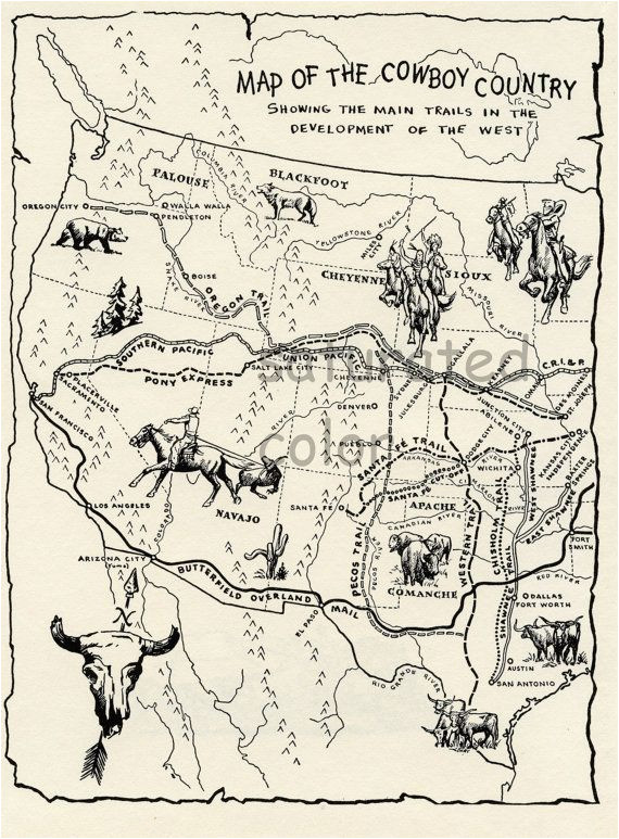 Map Of oregon Trail 1850 Vintage Cowboy Country Map Digital Image Download 1950s Map Of