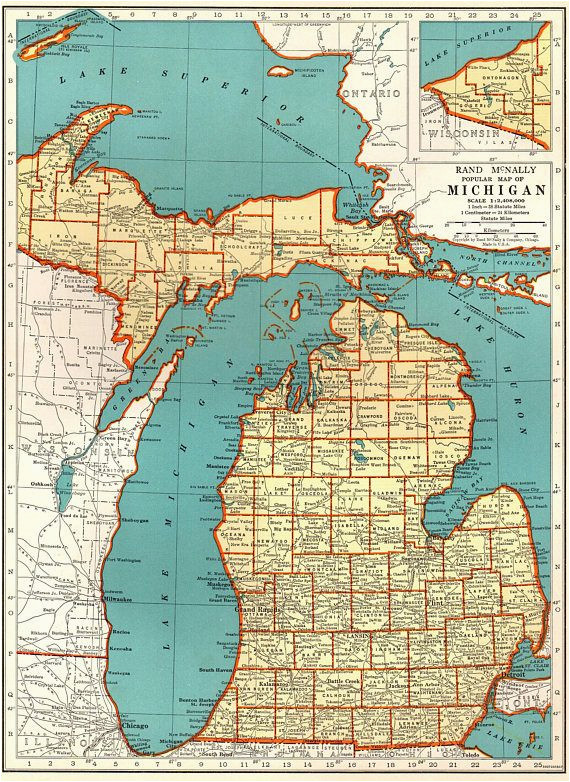 Michigan Mitten Map 1939 Vintage Michigan Map Of Michigan State Map Print Antique Map