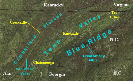 Tennessee Mountain Ranges Map Landform Map Of Tennessee Major Landforms Of East Tennessee