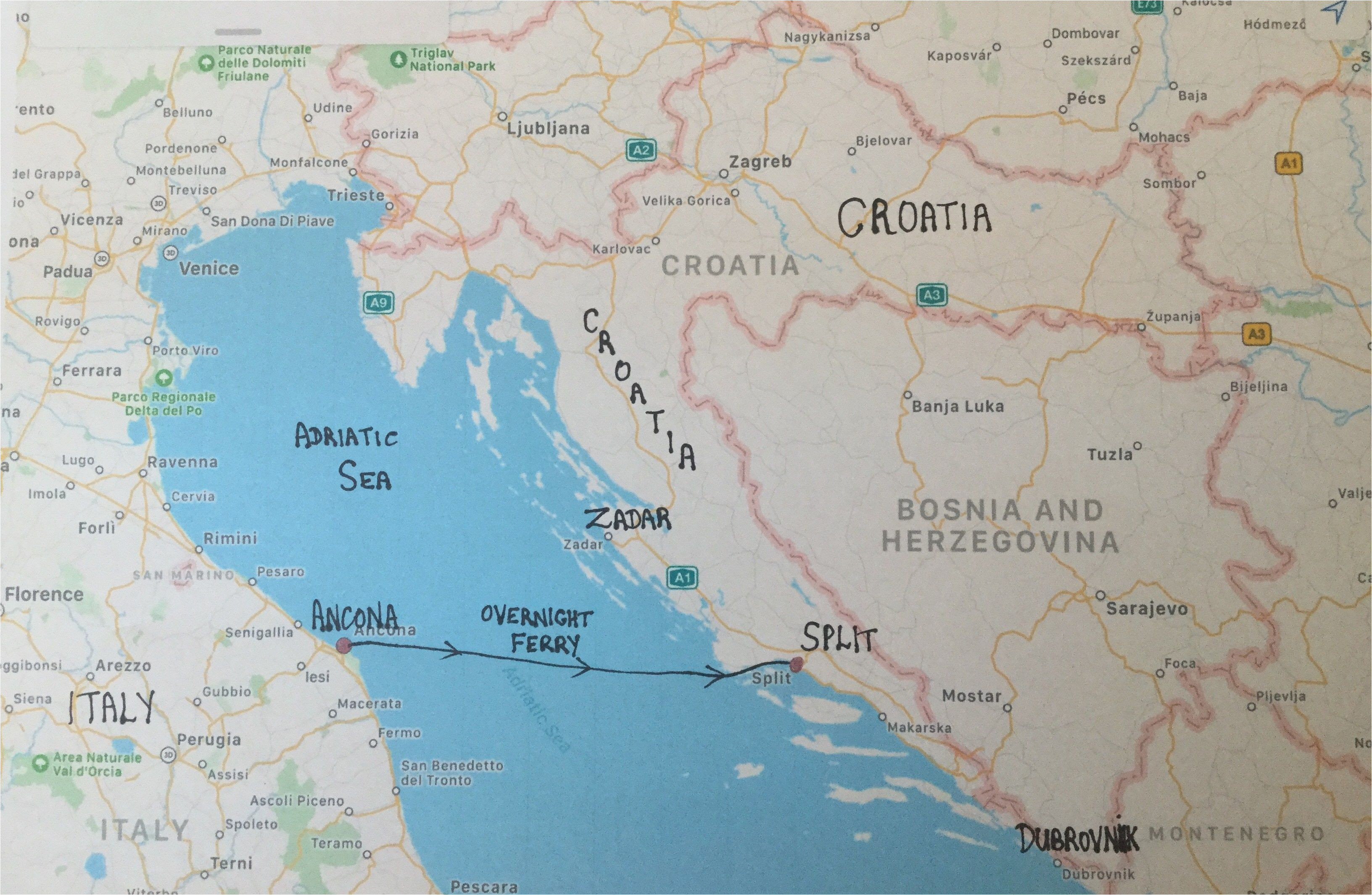 Croatia and Italy Map Travelling From Ancona Italy to Split Croatia Travel Ancona