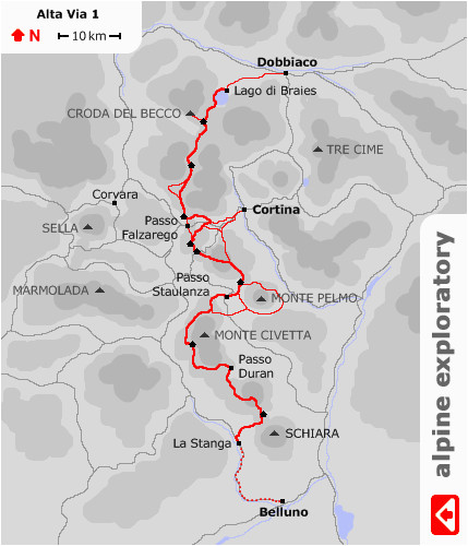 Dolomiti Italy Map Map Showing the Route Of Alpine Exploratory S Alta Via 1 Walking