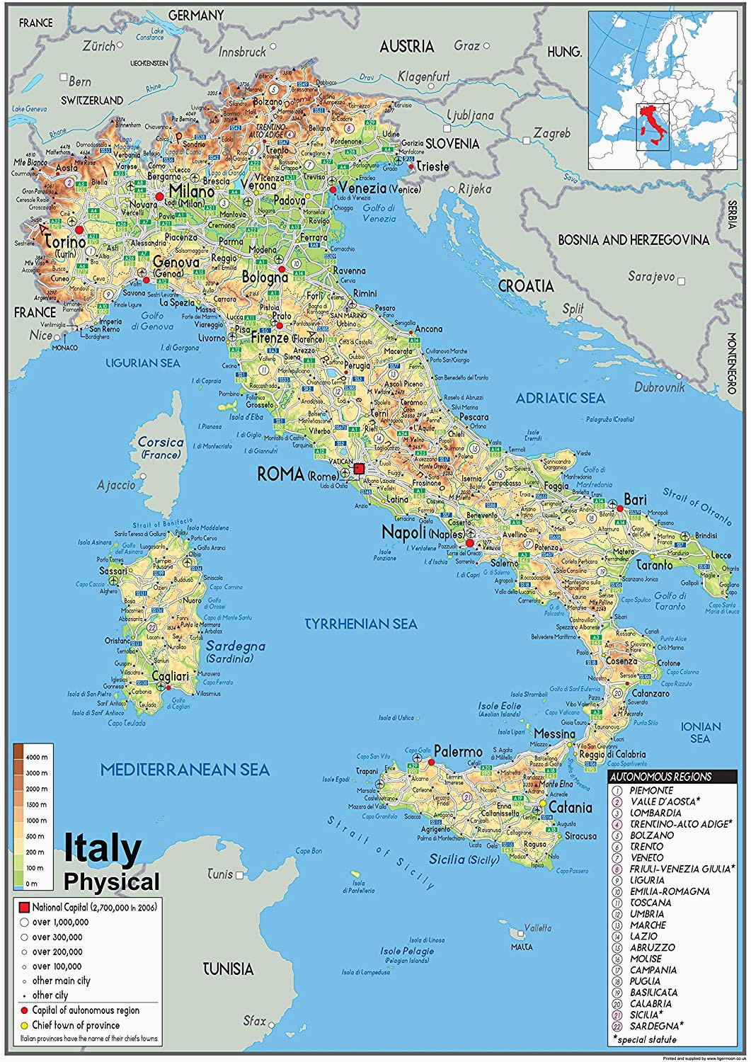 Italy Physical Features Map Italy Physical Map Paper Laminated A2 Size 42 X 59 4 Cm Amazon