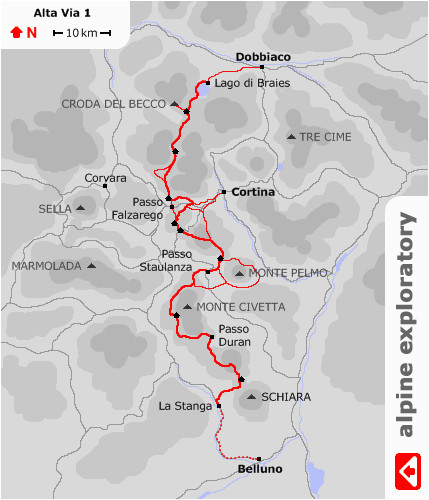 Map Of Italy Dolomites Map Showing the Route Of Alpine Exploratory S Alta Via 1 Walking