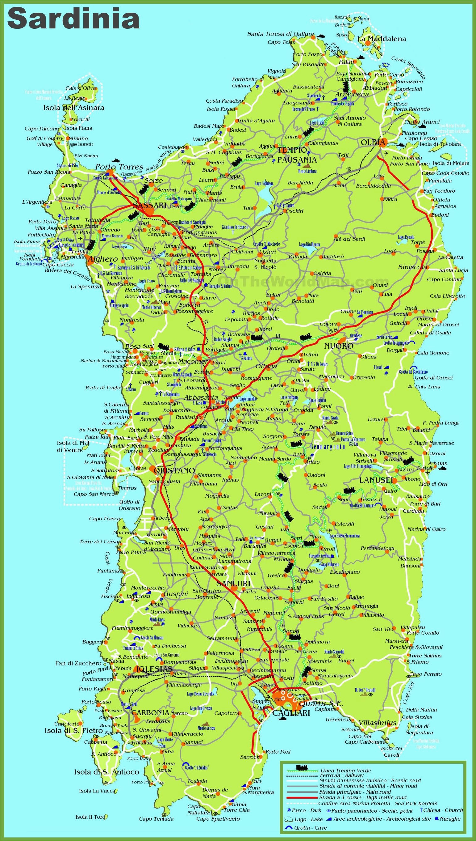 Map Of southern Italy with Cities Large Detailed Map Of Sardinia with Cities towns and Roads