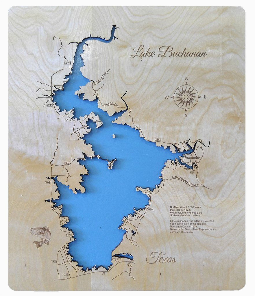 Map Seguin Texas Lake Buchanan Texas Wood Laser Cut Map Lake Buchanan Texas