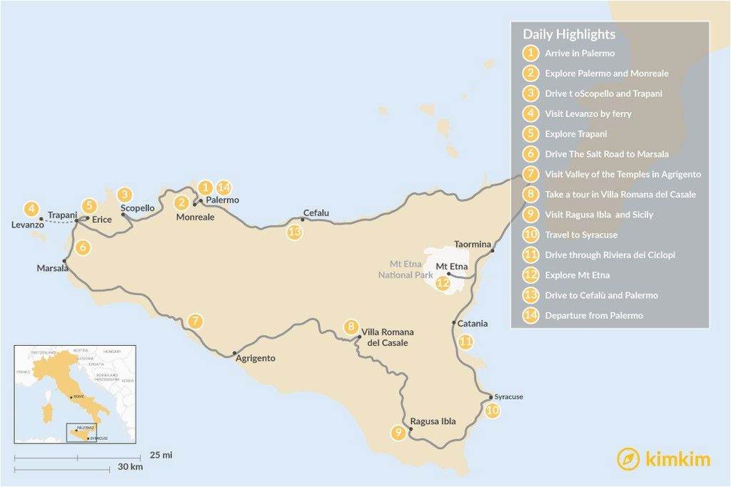 Stromboli Italy Map Map Of Spectacular Self Drive tour Around Sicily 14 Day Itinerary