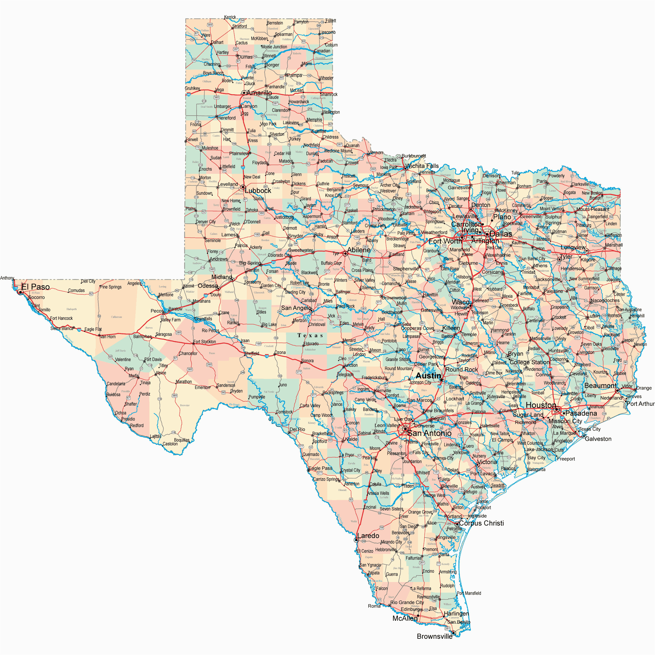 Texas Counties Map with Highways Map Of Texas Highways Time Zone Map
