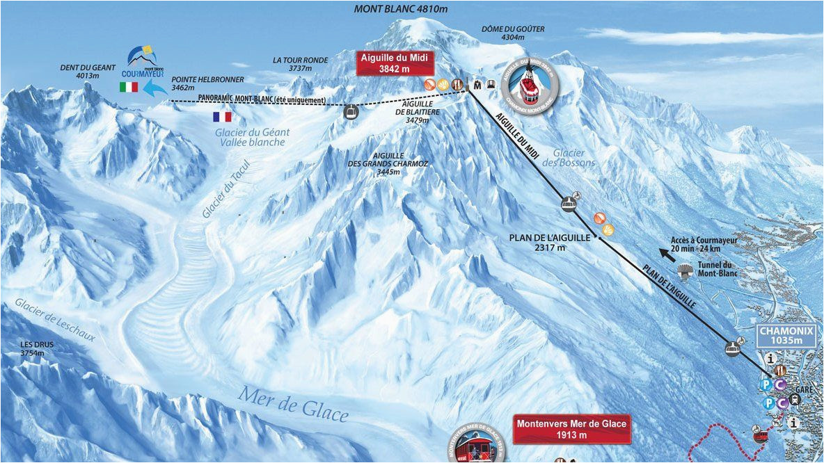 Chamonix France Ski Map La Vallee Blanche 20km Off Piste Route Chamonet Com