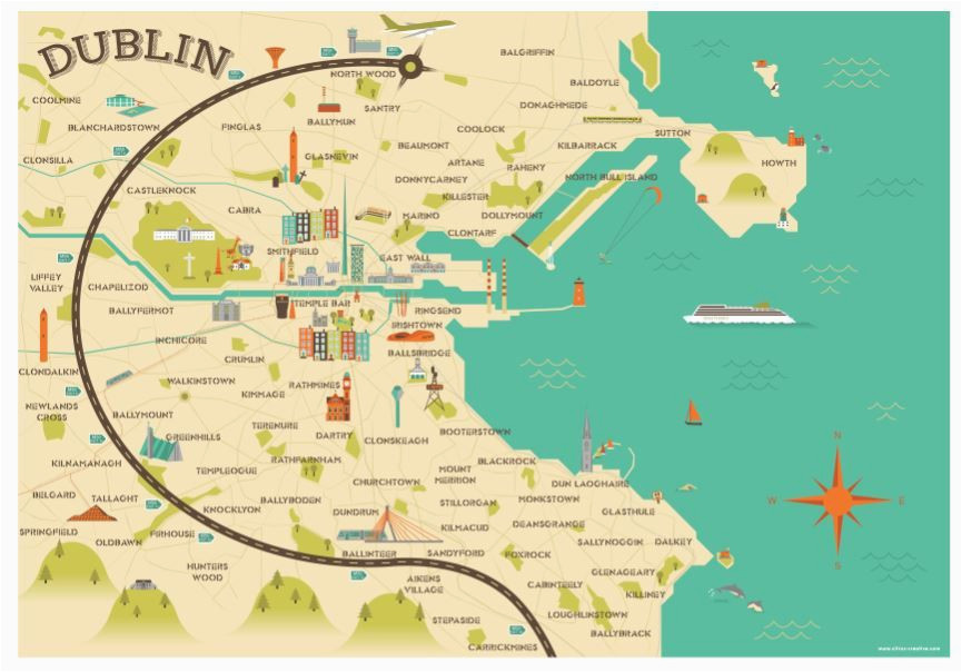 Dart Ireland Map Illustrated Map Of Dublin Ireland Travel Art Europe by