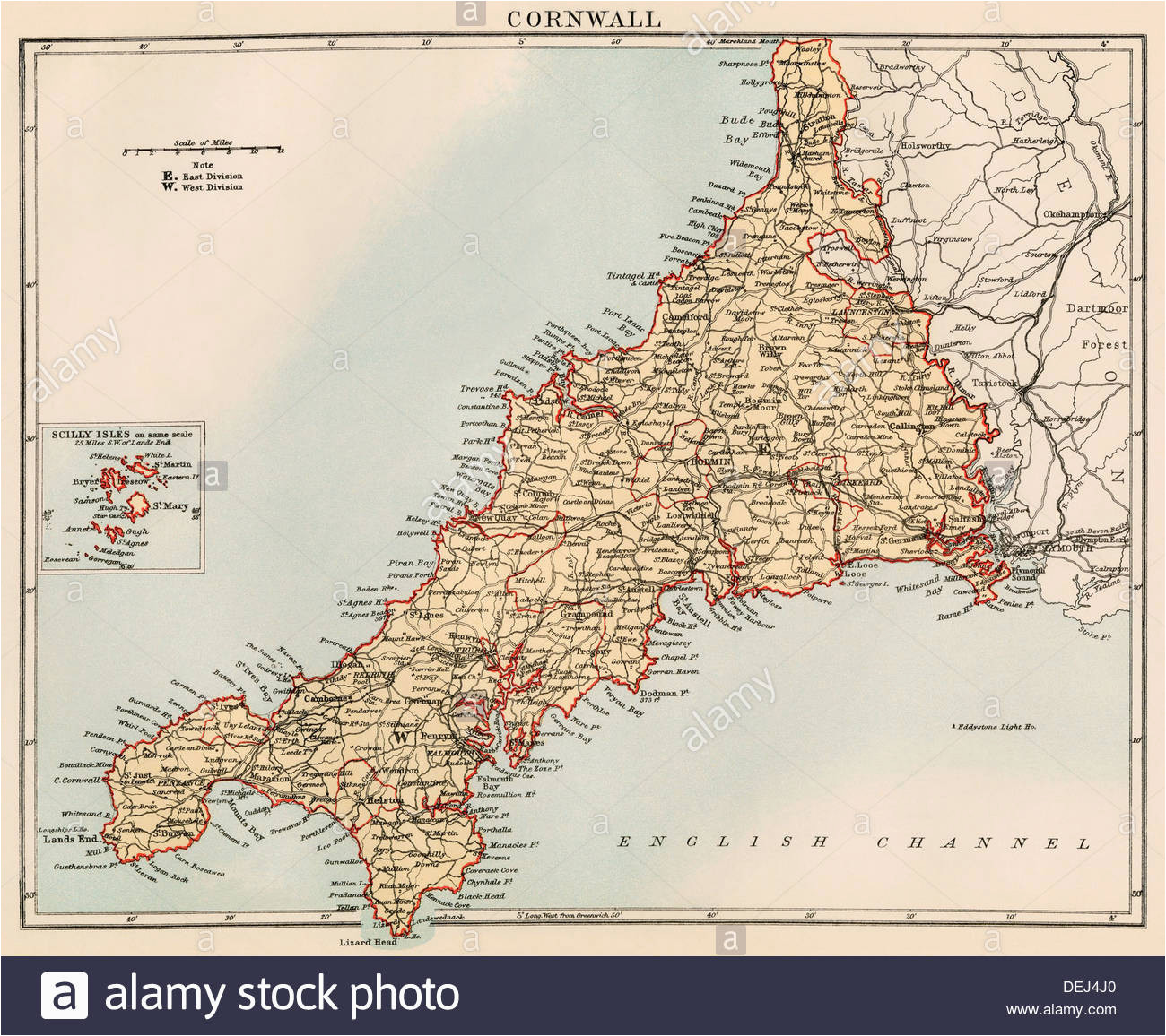 Detailed Map Of Cornwall England English Channel Map Stock Photos English Channel Map Stock