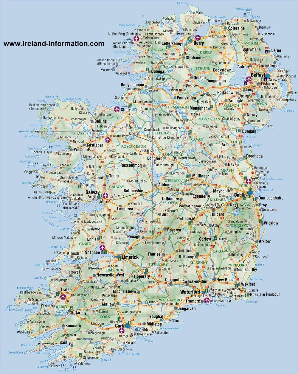Detailed Map Of Ireland with towns Most Popular tourist attractions In Ireland Free Paid attractions