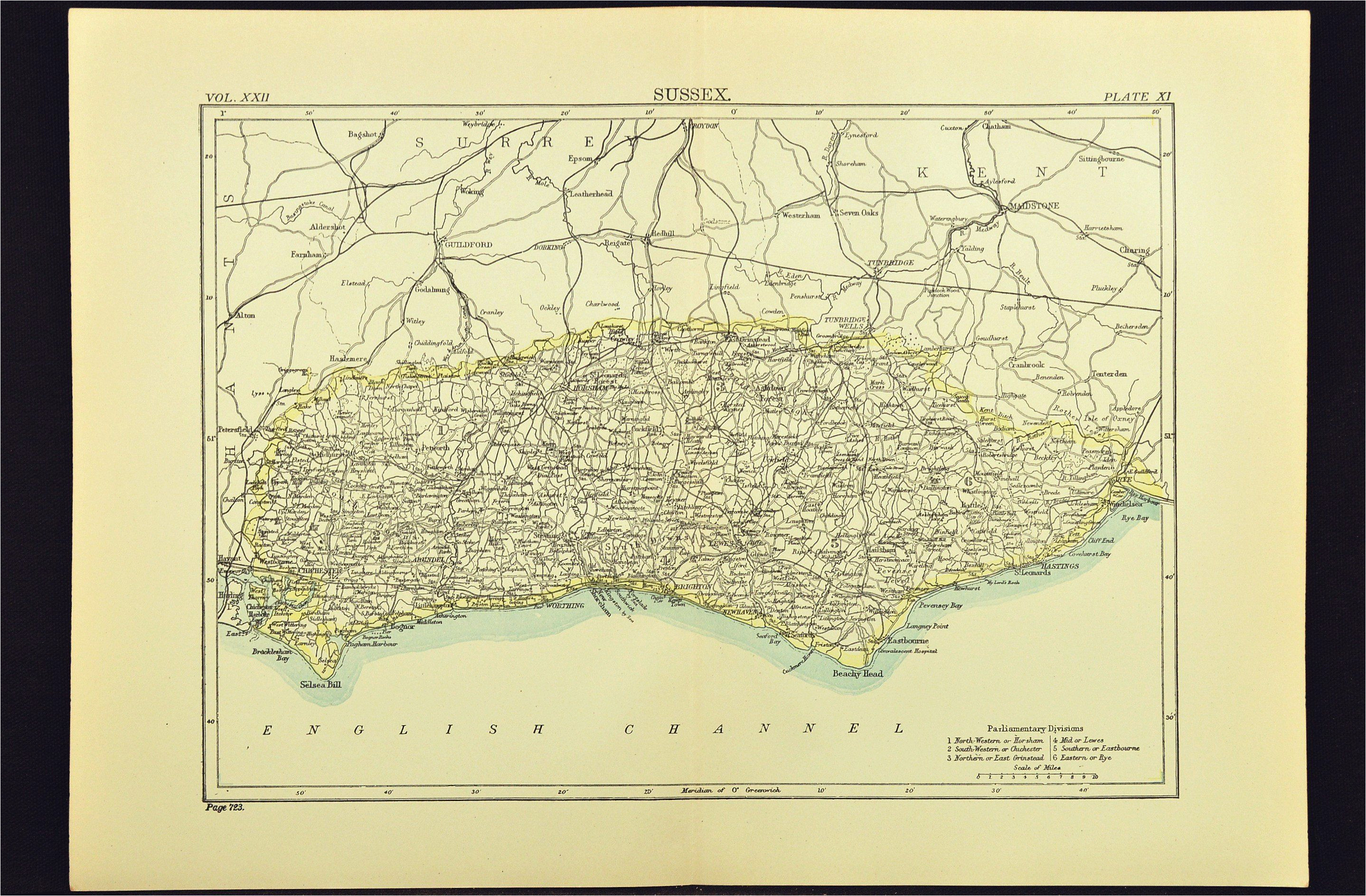 Hastings England Map Antique Sussex Map Of Sussex County England United Kingdom Brighton