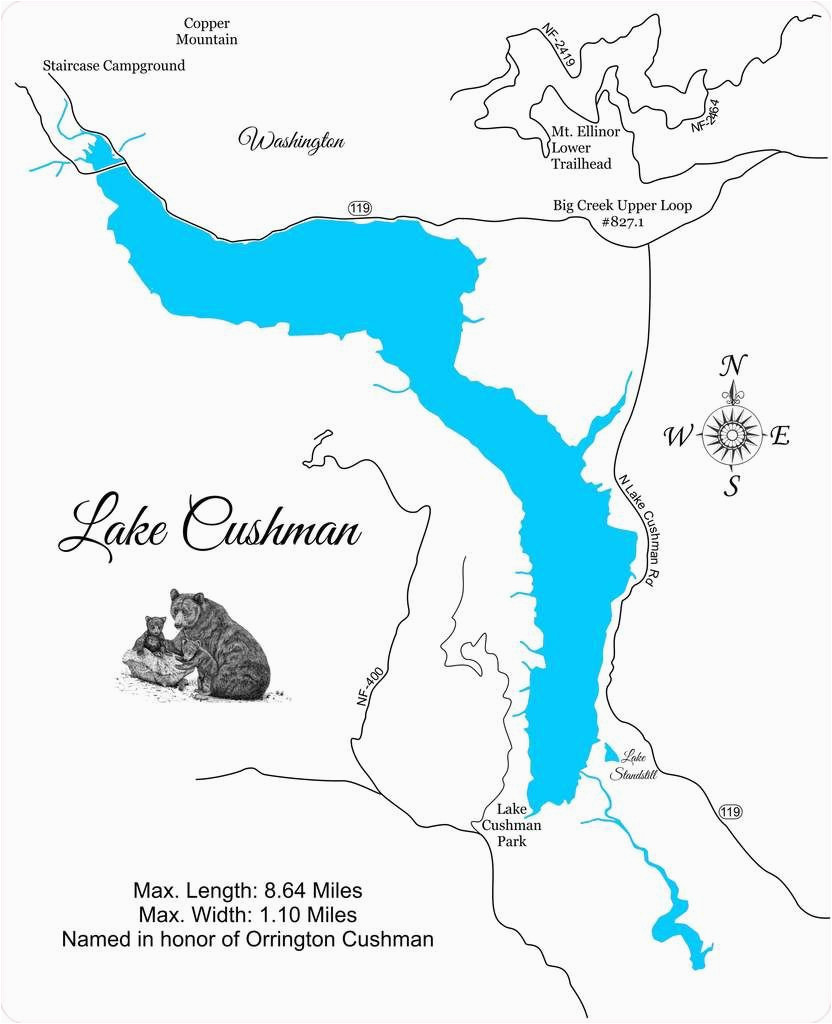 Lakes In Ireland Map Lake Cushman and Lake Standstill Washington Wood Laser Cut Map