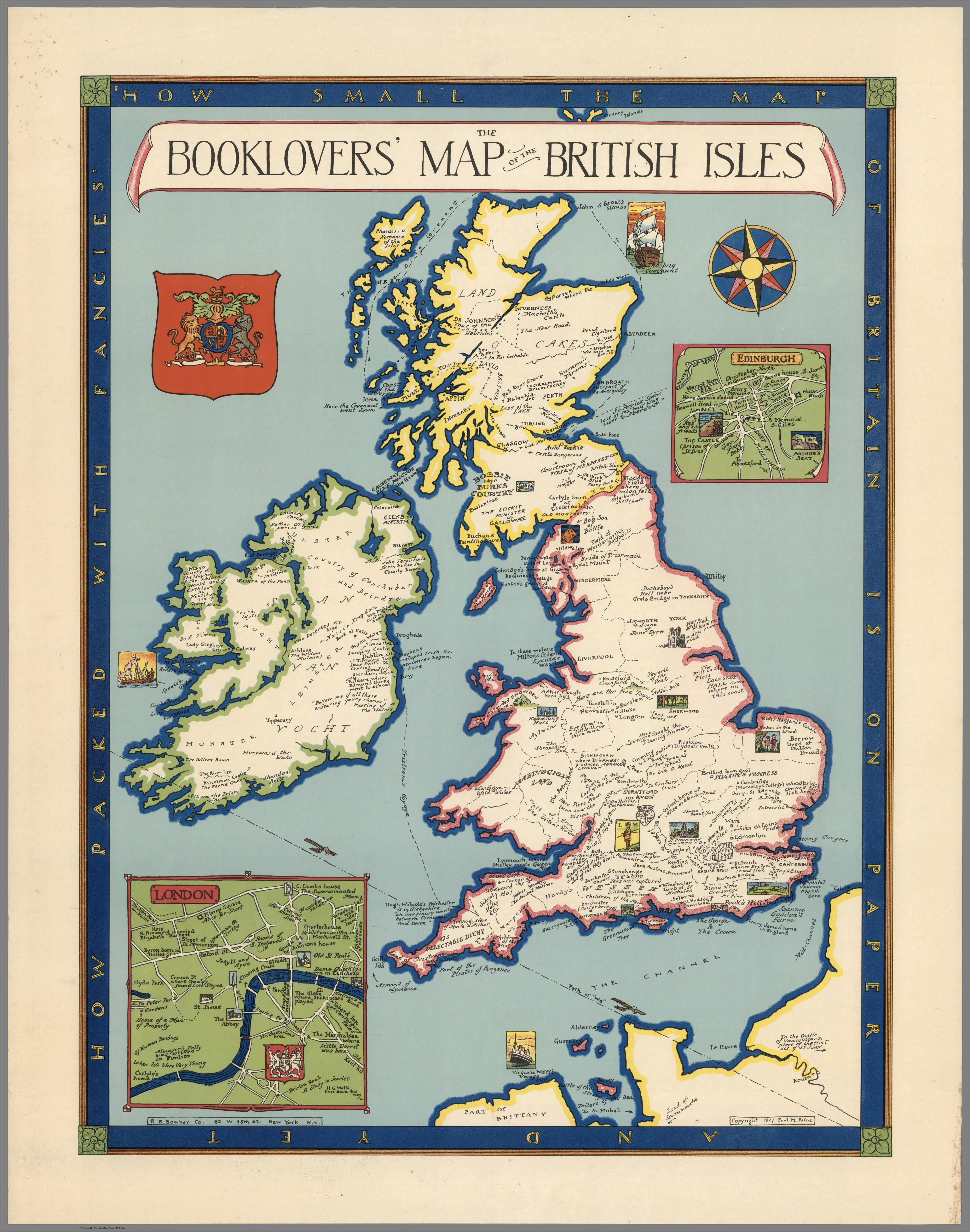 Large Map Of England the Booklovers Map Of the British isles Paine 1927 Map