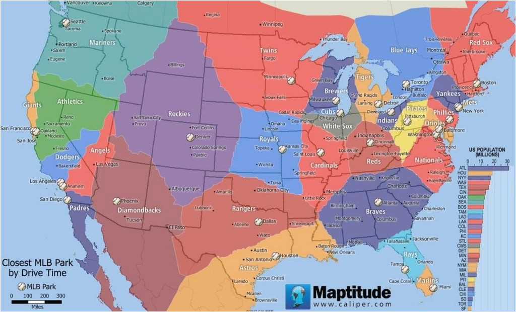 Map Of southeastern Canada Map Of the Usa and southern Canada by Closest Mlb Stadium Measured