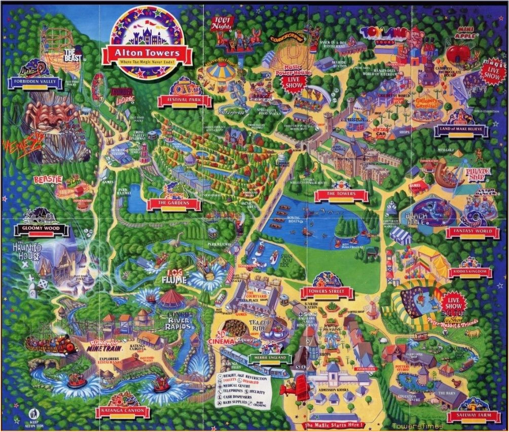 Map Of theme Parks In England Alton towers Map Staffordshire England for 1994 theme Alton