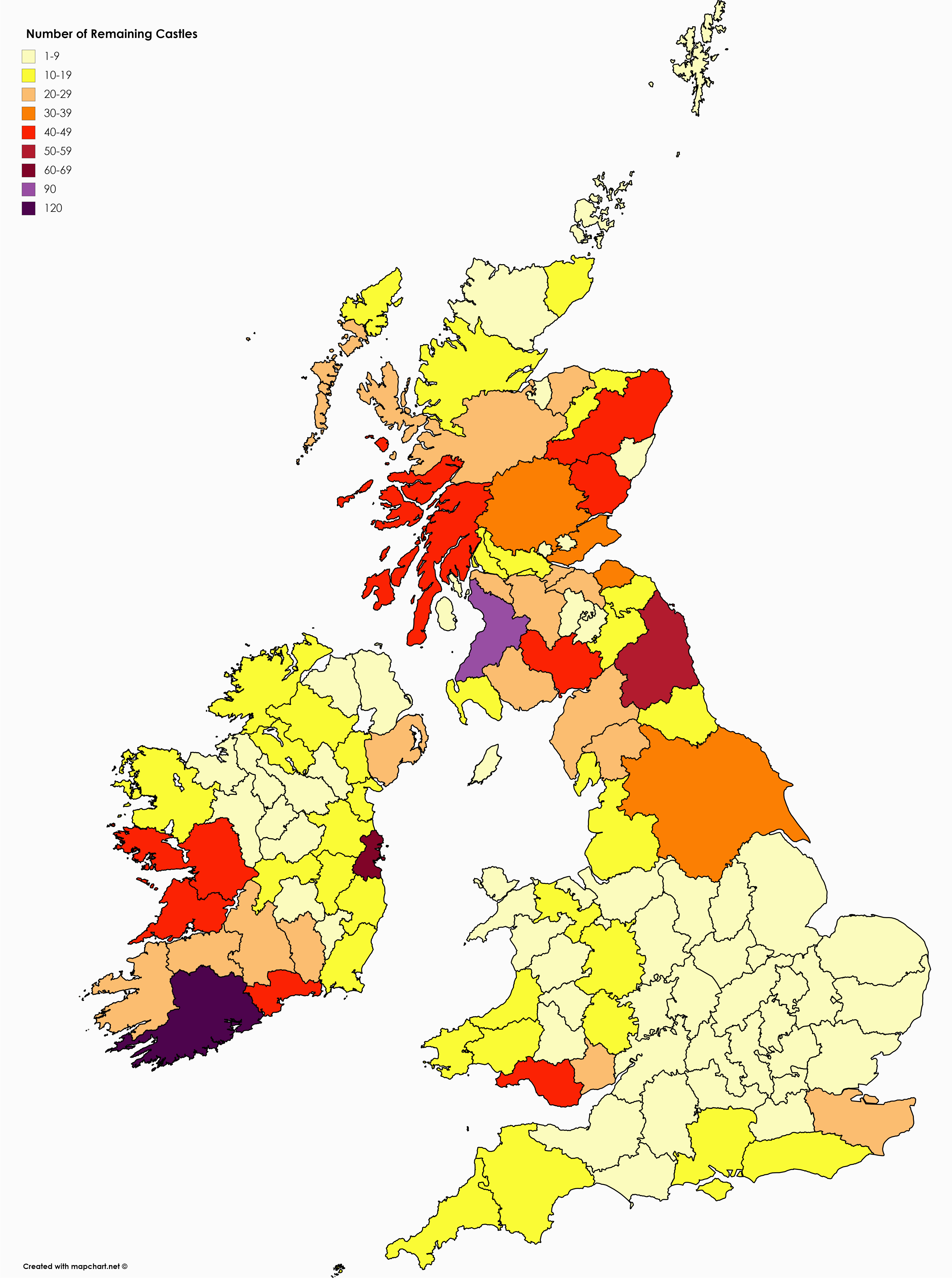Map Of Uk and Ireland with Cities Map Number Of Remaining Castles In Uk Ireland