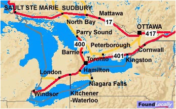 Map Trans Canada Highway to and From toronto Ontario and the Trans Canada Highway