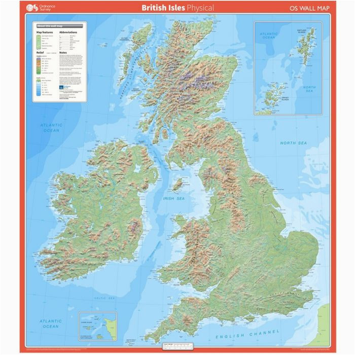 Physical Map Of Ireland Mountains ordnance Survey British isles Physical Features Wall Map