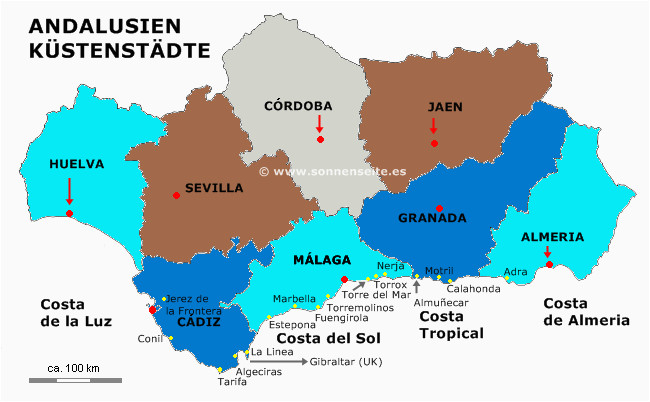 Spain Costa Del sol Map Die Regionen Provinzen andalusien Karte Sudspanien