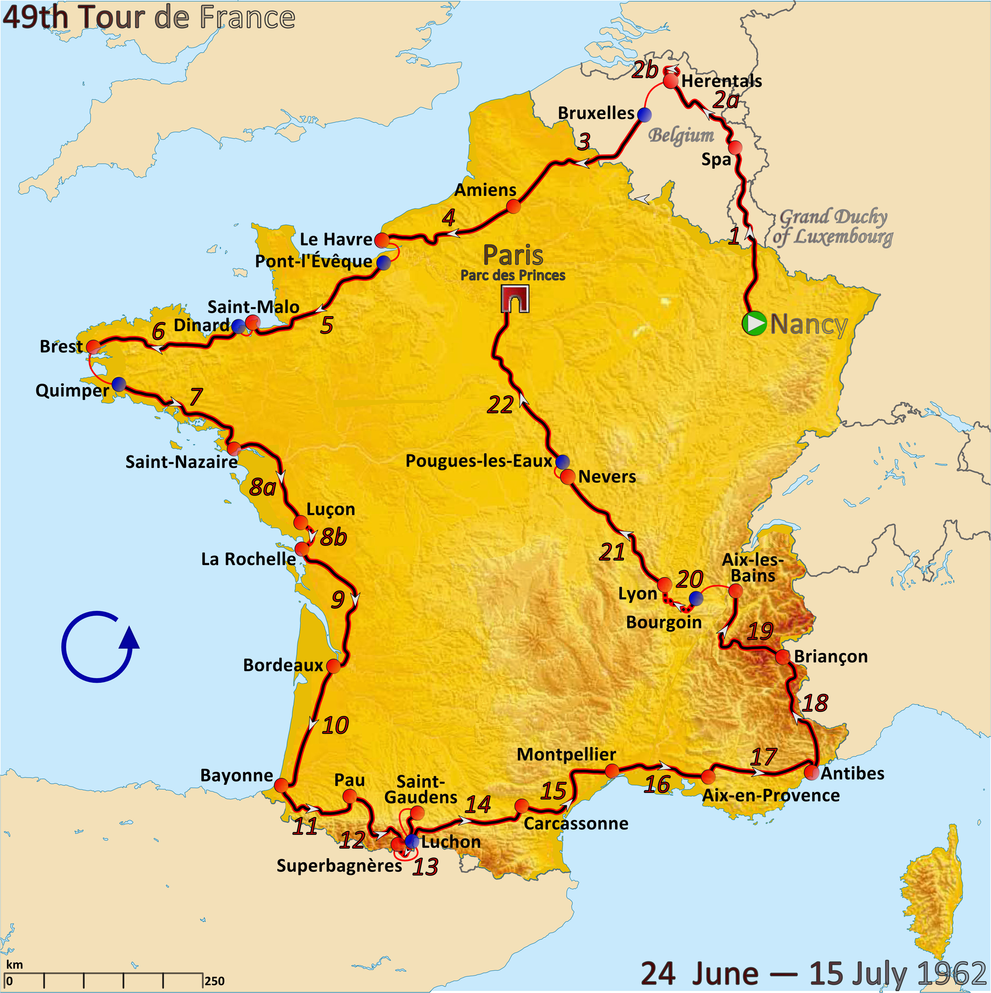 Tour De France Course Map File Route Of the 1962 tour De France Png Wikimedia Commons