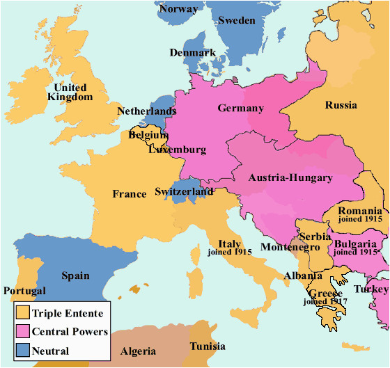 Europe 1914 Political Map Map Of Europe In 1914 Displaying the Triple Entente Central