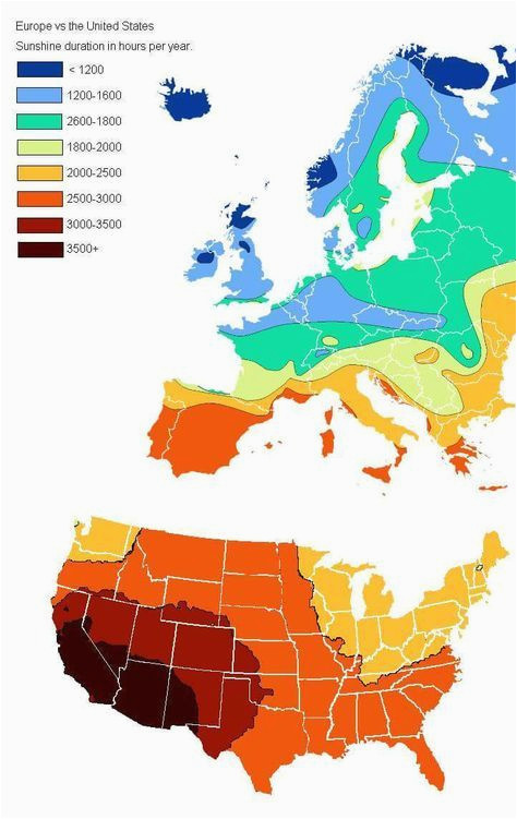 Europe Sunshine Map Us Vs Europe Annual Hours Of Sunshine Geovisualizations