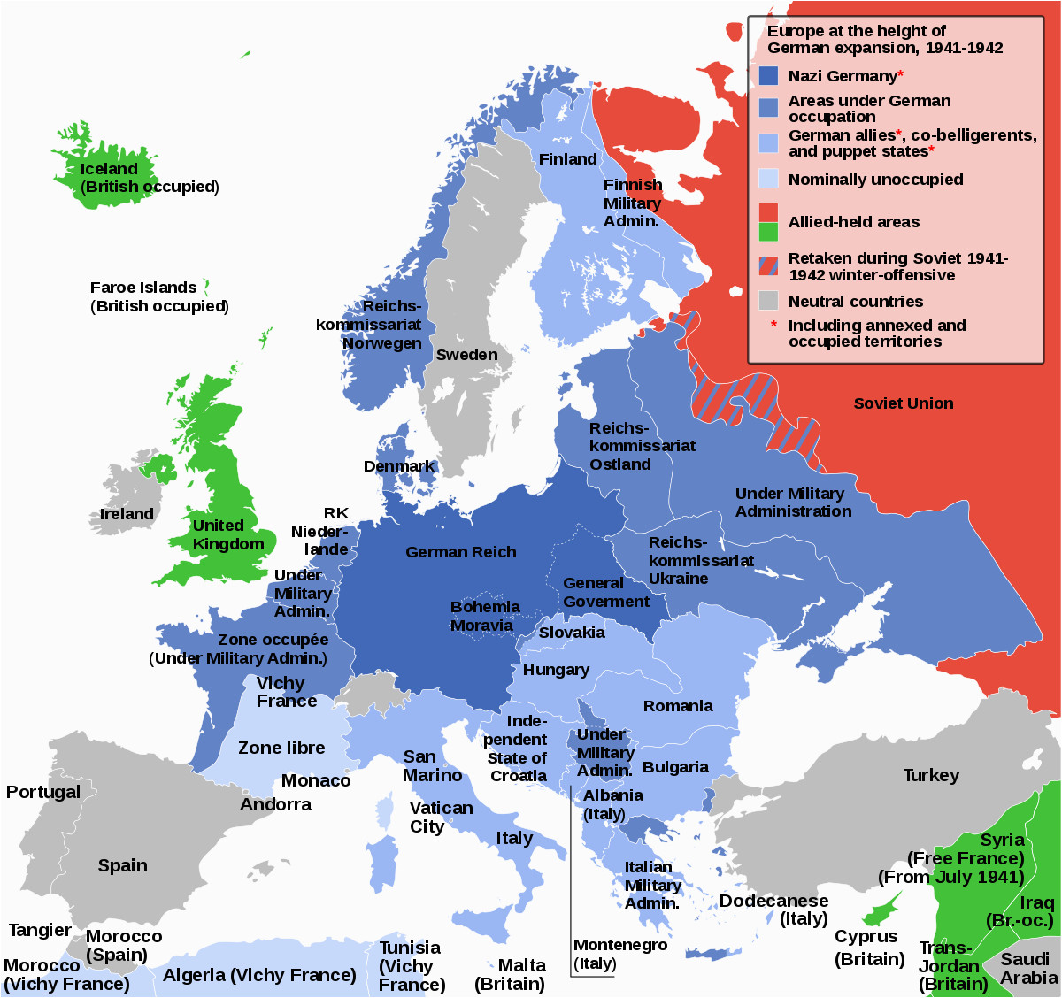 Map Of Europe 1942 German Occupied Europe Wikipedia World War Ii World