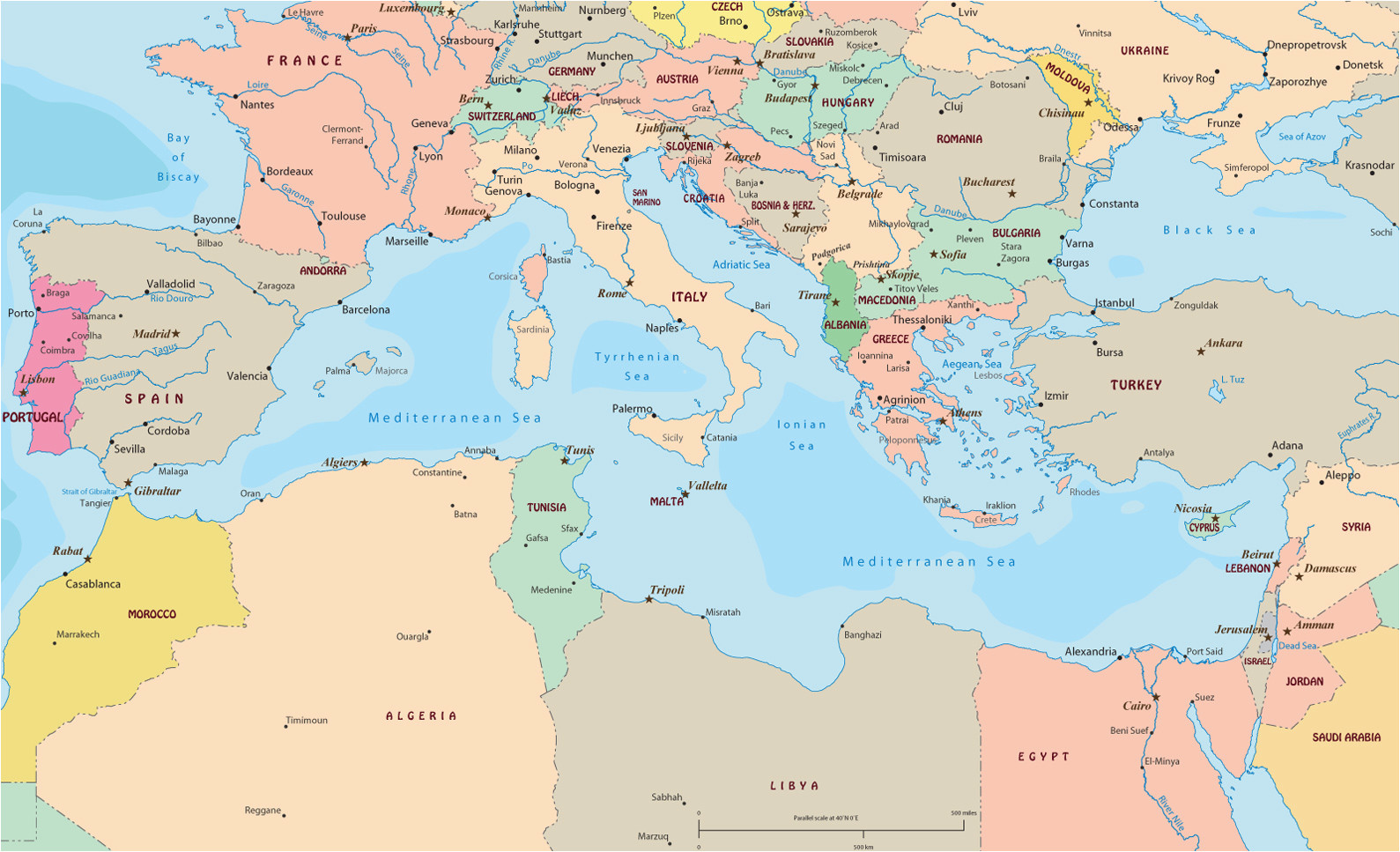 Map Of Europe and Mediterranean Sea Political Map Of Mediterranean Sea Region