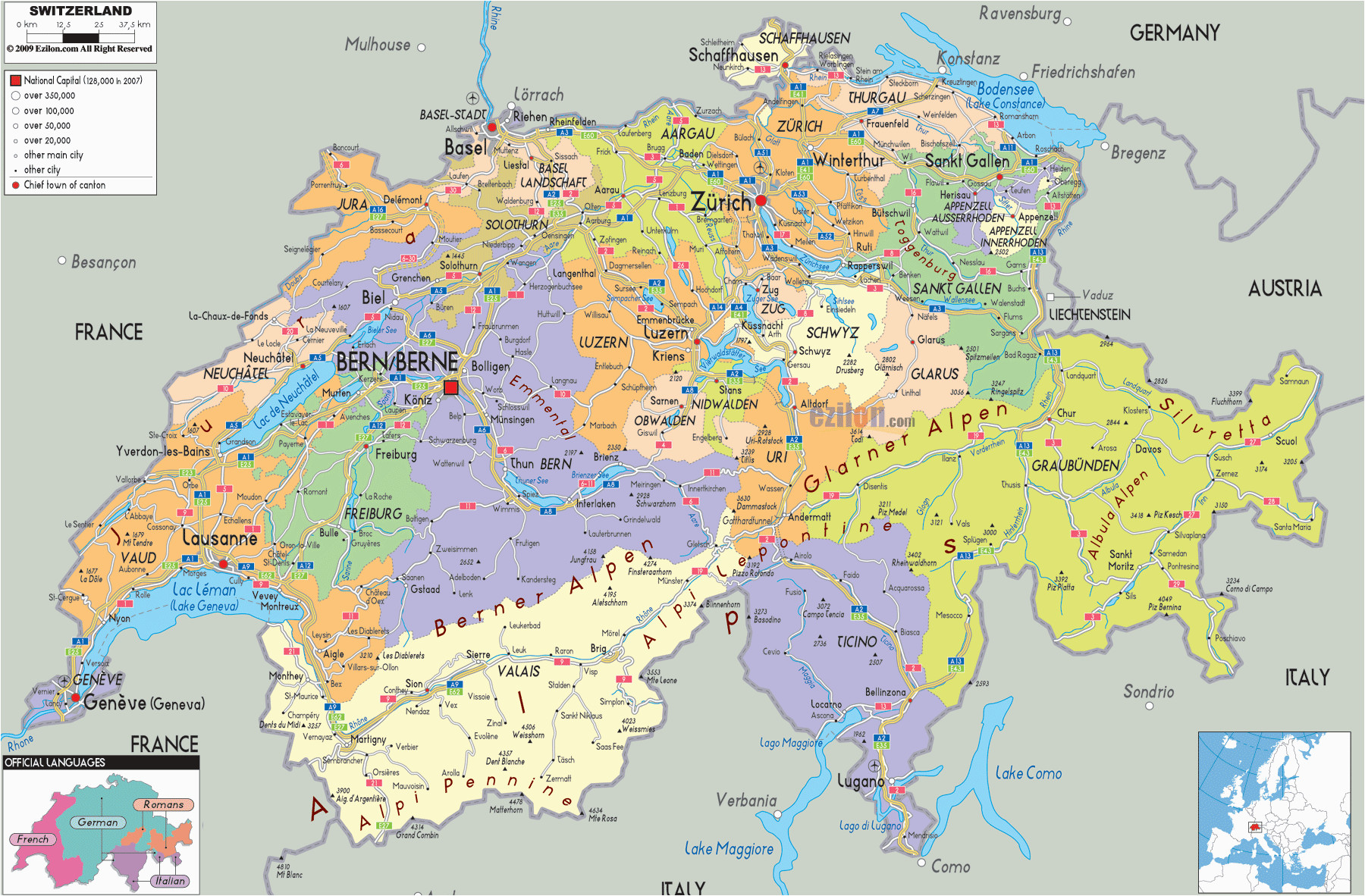 Map Of Europe Switzerland and Germany Switzerland Political Map Switzerland Map Of Switzerland