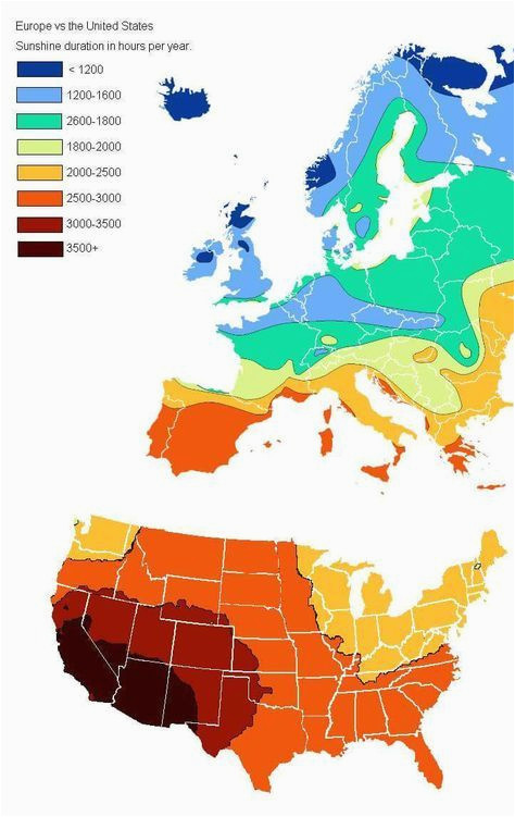 Sunshine Hours Map Europe Us Vs Europe Annual Hours Of Sunshine Geovisualizations