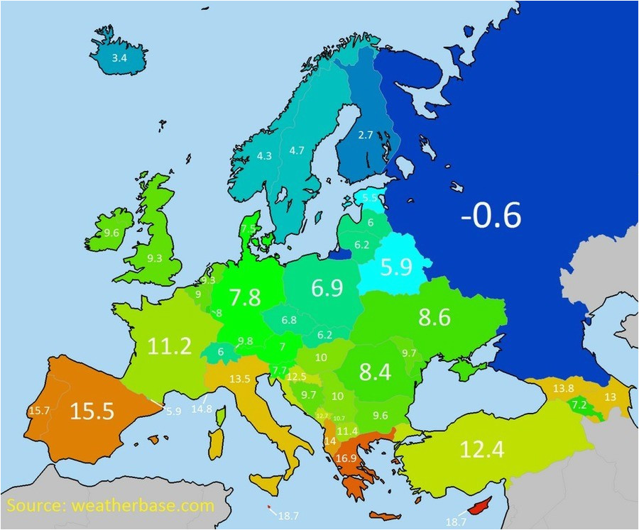 Temperature Map Of Europe Average Annual Temperature Of European Countries