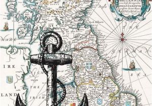 Coastal Map Of England Black Anchor Print On Antique Map Of England Wall Map by Printland