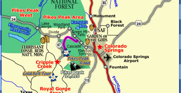 Colorado Sightseeing Map Map Of Colorado towns and areas within 1 Hour Of Colorado Springs