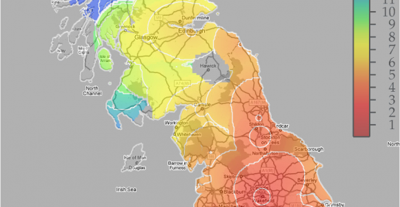 England Train Map Great Britain Rail Travel Times the Colour Scale Shown On